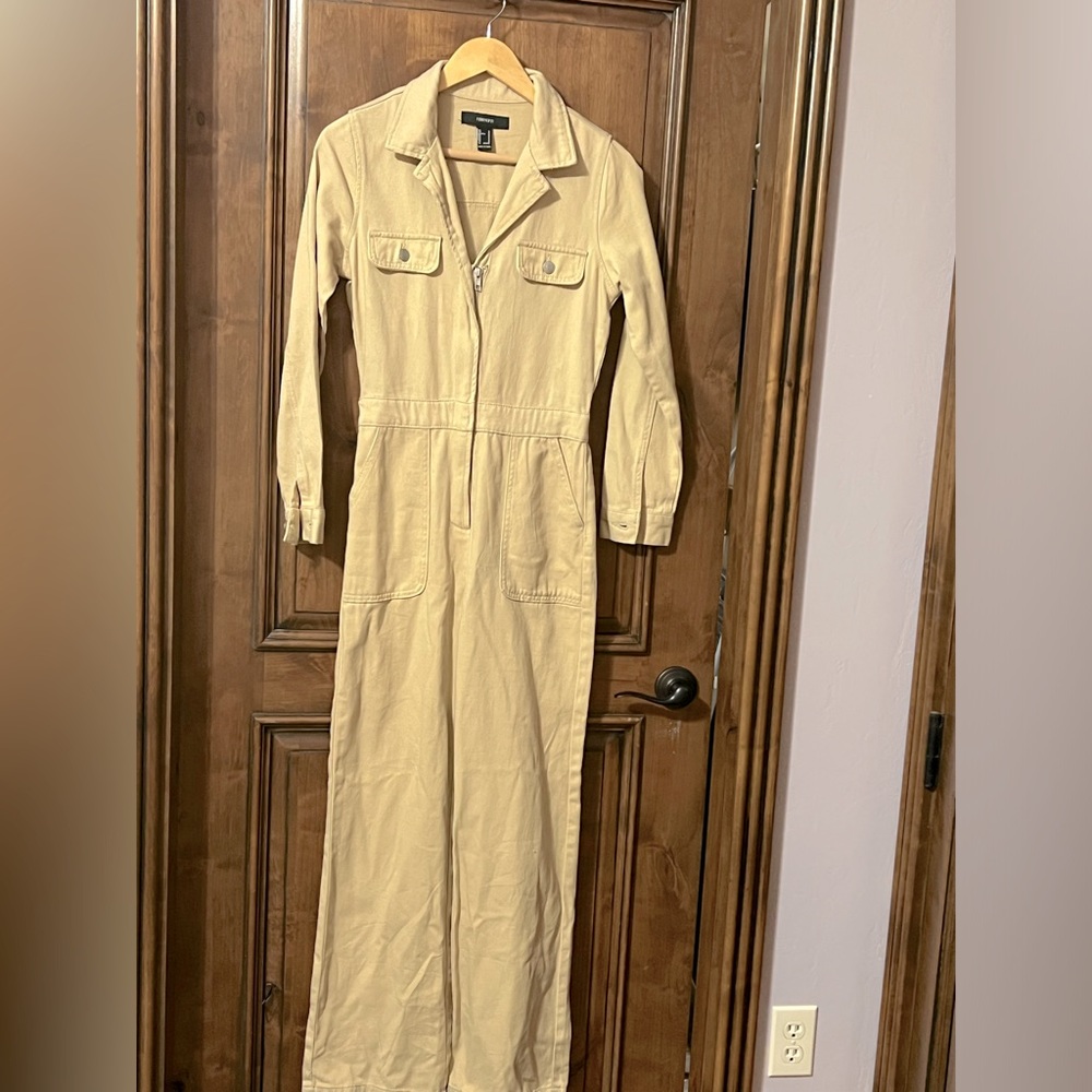 Tan denim wide leg jumpsuit in small